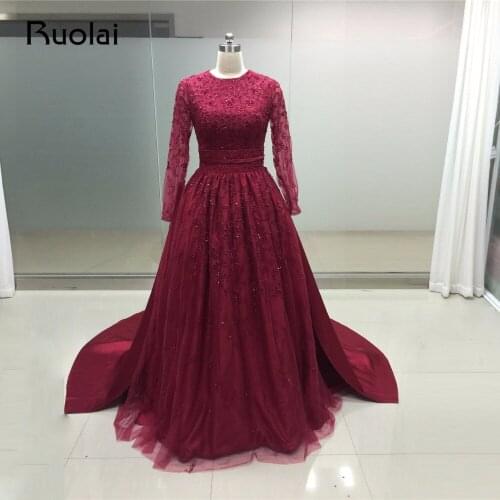 Real Photo Burgundy Prom Dresses Plus Size Evening Dresses Long Sleeves A-Line Applque with Crystal Beading Robe de Soiree PD23