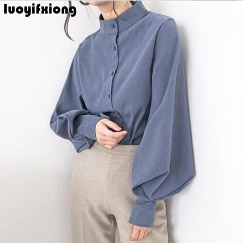 New 2021 Fashion Blouse Women Stand Collar Shirt Large Lantern Sleeve Kimono Cardigan Womens Tops and Blouses Vogue Women Shirts