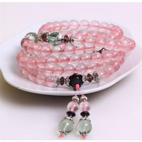 New Design Fashion Womens 6mm Natural Pink Crystal Bracelet 108 Mala Energy Stone Yoga Healing Hand String Jewelry Dropship