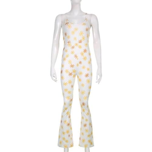 Autumn womens new sexy tight-fitting flower print suspenders pit strip slit jumpsuit