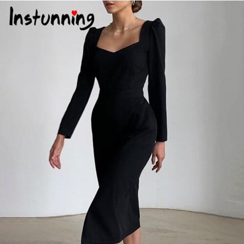 Instunning Long Sleeve Dress Women Autumn Casual Sexy Hem Cross Split Dress Elegant Party Slim Bodycon Mid-Calf Dress Streetwear