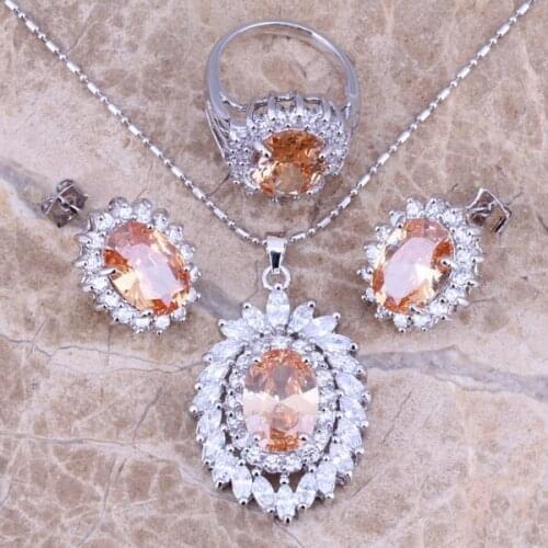 Brown Morganite White CZ Silver Plated Jewelry Sets Earrings Pendant Ring Size 6 / 7 / 8 / 9 / 10 S0067