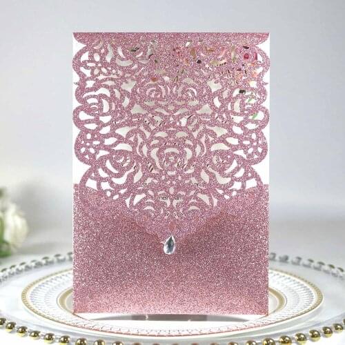Pink Glitter Invitations Hollow Gold Silver Champagne Personalized Print Cards with Rhinestone for Wedding Party Sweet 16