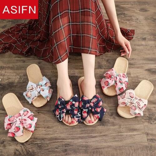 ASIFN Summer Slippers Women Fresh Cute Style Bowknot Linen Lovely Home Soft Breathable Non-slip Ladies Sweet Flat Slippers