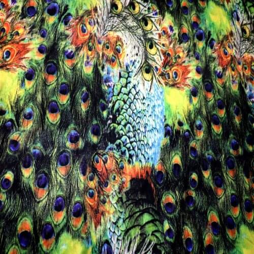 Beautiful 4 Way Stretch Knitted Cotton/Spandex Fabric Peacock Feather Print Cloth Sewing DIY Swimsuit/Fashion Women Dress