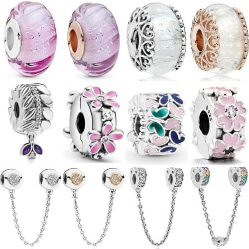 Grains Of Energy Clip Glittering Grooves Murano Signature Safety Chain Charm 925 Sterling Silver Beads Fit Europe Bracelet