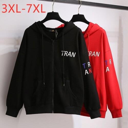 New 2021 Spring Autumn Plus Size Hoodie Jacket For Women Large Loose Black Red Cotton Pocket Zipper Coat 7XL