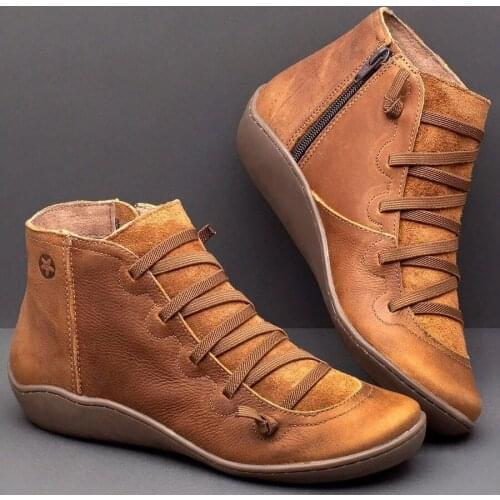 Women PU Leather Ankle Boots Women Autumn Winter Cross Strappy Vintage Women Punk Boots Flat Ladies Shoes