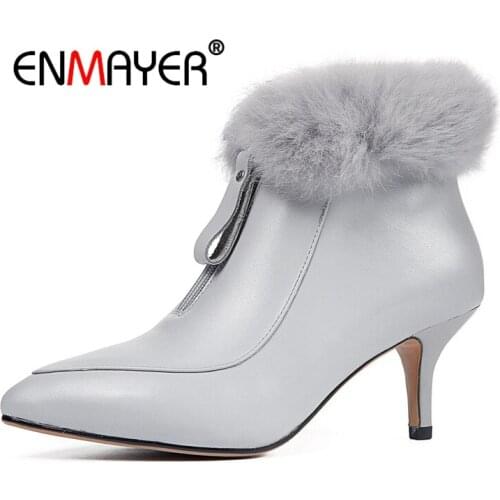 ENMAYER Women Ankle boot short boots women pointed toe zipper thin heel ankle boots lady solid fur botas mujer Size 34-39 CR1714