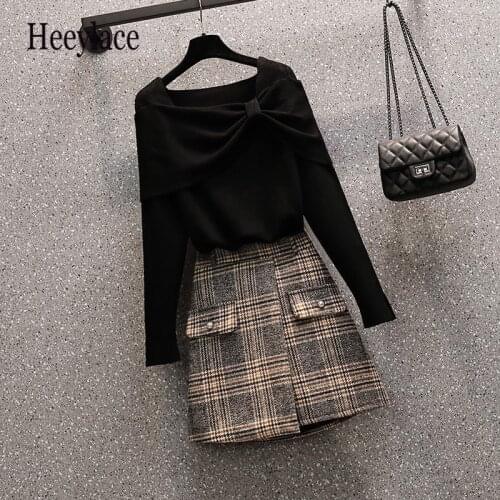 Plus Size Women Autumn Winter 2 Pieces Set Korean Off Shoulder Knitted Sweater Top And Plaid Mini Skirts Suits Office Ladies Set