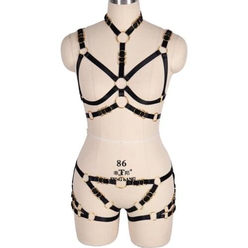 Women Body Cage Harness Set Bra Elastic Adjust Full Body Bondage Cupless Cage Bra Hollow Out Punk Goth O-ring Strappy Crop Tops