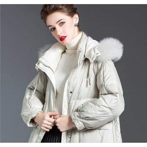 Female Hooded mid-length ladies black color down jacket with fur collar Ivory over the knee down jacket for women thick coat