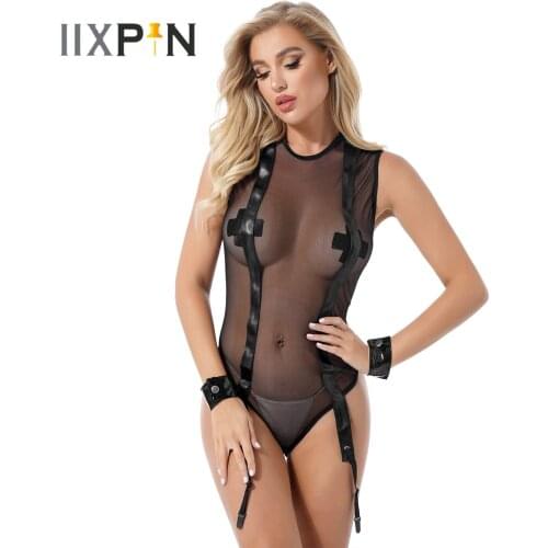 Womens Lingerie Faux Leather Patchwork Transparent Mesh Leotard Round Neck Sleeveless High Cut Jumpsuits with Garter Belt Cuffs