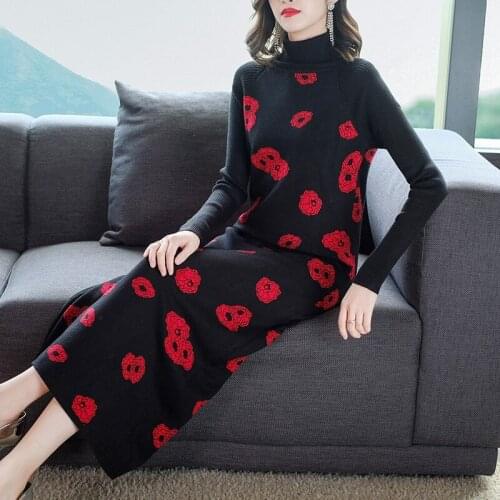 2021 New Autumn Winter Women Elegant Black Knitted Long Dress High Quality Turtleneck Sweater Dresses Bodycon Party Vestidos