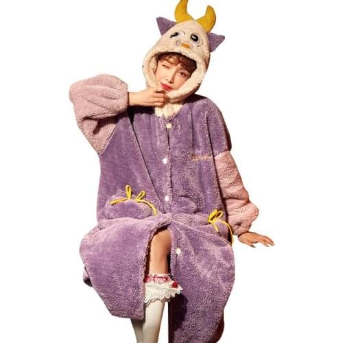 Winter Womens Pajamas Bathrobe Soft Warm Pyjamas Women Coral Fleece Thicken Sleepwear Pijamas mujer Cute Cartoon Nightgown