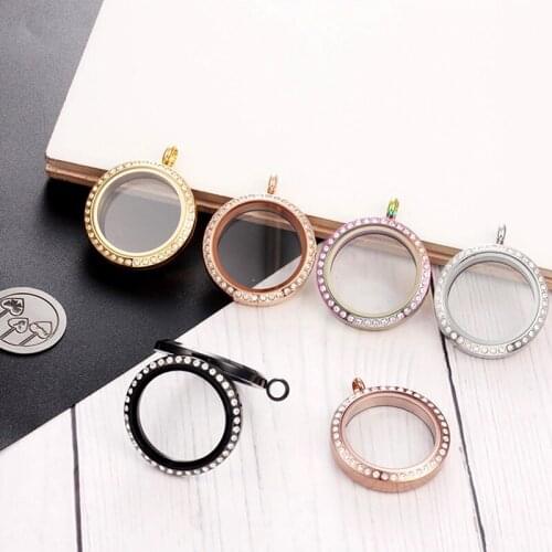 1PC 30MM Stainless Steel Rhinestone Round Glass Floating Locket Memory Photo Living Locket Jewelry
