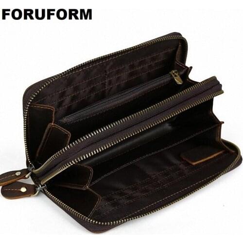 Brand Double Zipper Men Wallets With Phone Bag Vintage Genuine Leather Clutch Wallet Male Purses Large Capacity LI-1725