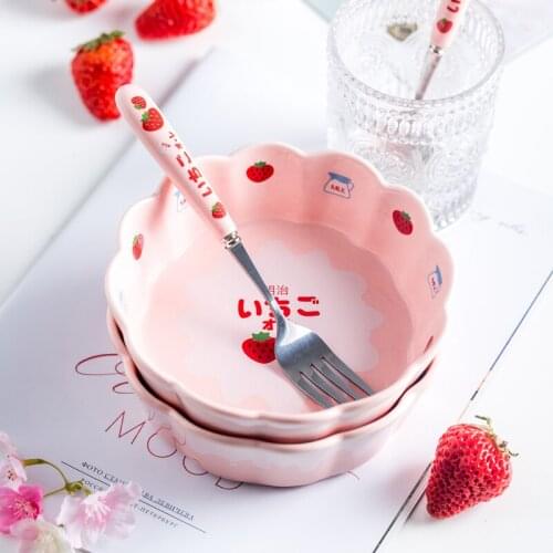 Ceramic Salad Bowl with Spoon and Fork Pink Color Strawberry Fruit Snack Food Storage Plate for Dessert Tableware