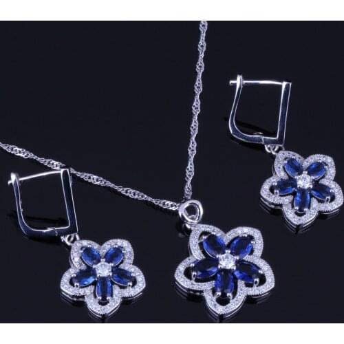 Cute Blue Cubic Zirconia White CZ Silver Plated Jewelry Sets Earrings Pendant Chain V0021