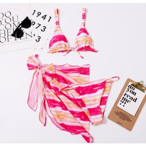 Bikini Sexy 3-Piece Set Women Swimwear Low Waist Removable Padded Female Bathingsuit Leopard Rainbow Print Swim Skrit Pareo 2021