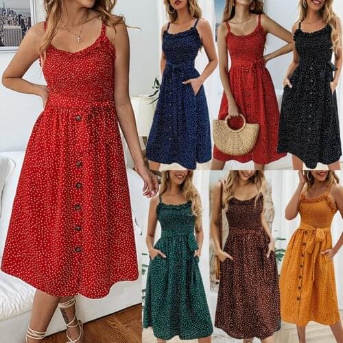 Summer Slip Dress Women Sexy Sleeveless Strapless Bow Button Female Loose Casual Backless Pleated Polka Dot Sundress