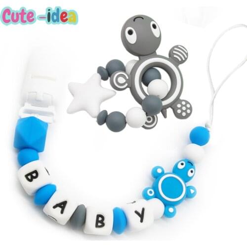 Cute-idea 1PC Pacifier Chain Turtle Silicone Beads Teethers Baby Personalized Name Cartoon Animal Teething Nursing Necklace Toys