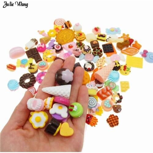 Julie Wang 100pcs Assorted Resin Dessert Cookie Cake Bread Candy Ice cream Lollipops Cabochons Slime Charm Flatback Pendant DIY