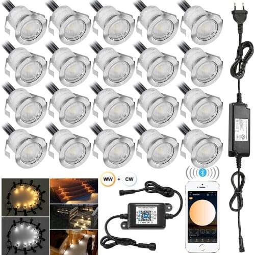 20pcs WW+W+CW CCT Changeable 3in1 30mm 12V Outdoor Yard Path Stairs Patio LED Deck Floor Lights IP67 Bluetooth Controller