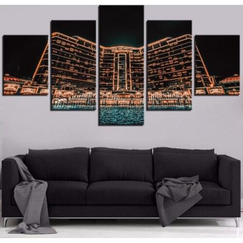 5 Pieces City Night Scenery Canvas Painting Building Posters Neon Lights Pictures Edifice Wallpapers For Home Room Decor Artwork