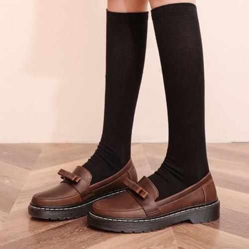 AGODOR Women School Uniform Shoes Fcasual Slip on Low Square Heel All Match Pumps Women Shoes Women Loafers with Bow Size 33-43