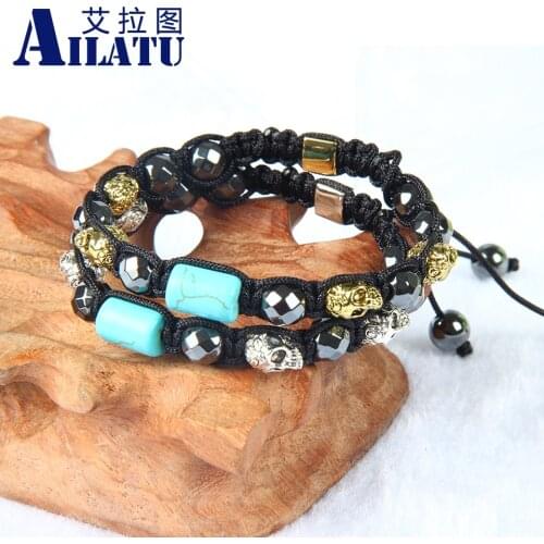 Ailatu Hematite and Artificial CreatedTurquoise Beads Metal Skull Bracelet Couple Lovers Jewelry