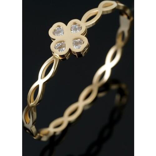 Trendy CZ Crystal Stainless Steel Bangles Bracelet Twist-shaped Lucky Four-leaf Clover Bangle For Women Girls Wedding Jewelry