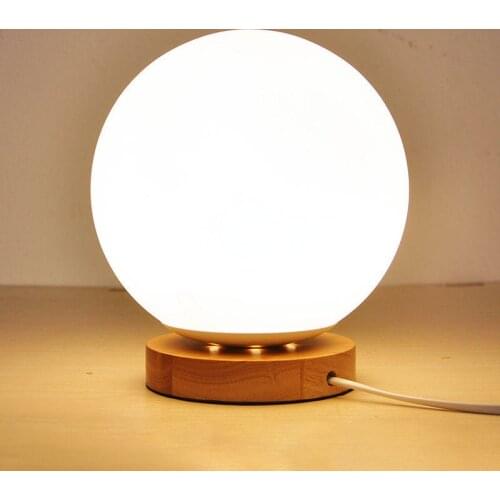 Wood bedroom table lamp LED frosted glass ball bedside light warm dimming energy-saving desk lamp for dormitory study room