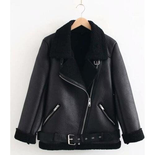 Women Beige Fur Faux Leather Jacket Coat With Belt Turn Down Collar Ladies 2020 Winter Thick Warm Oversized Coat XS-XL