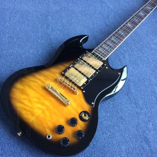 Rosewood fingerboard electric guitar, Gold hardware, Yellow burst color, Solid mahogany body electric guitar, Free shipping