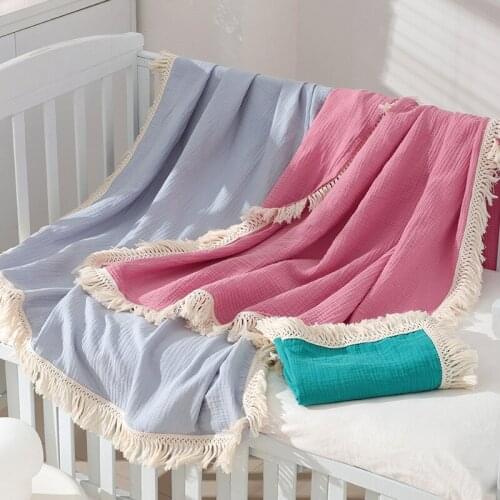 Ins Cotton Newborn Baby Blanket Baby Breathable Gauze Tassel Blanket Solid Color Bath Towel Skin-friendly Wrapper Summer Unisex