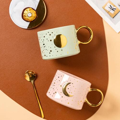 300ml Moon Sun Ceramic Mug Gold Handgrip Coffee Milk Cup Creative Home Office Water Cup Couple Gift tea cup cute cup