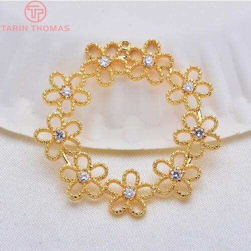 228) 2PCS 38MM 24K Gold Color Plated Brass with Zircon 5 Flowers Charms Pendants High Quality DIY Jewelry Making Findings