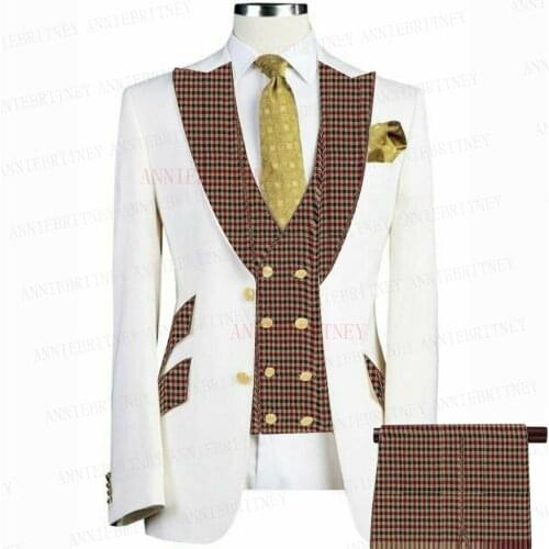 Newest White Suit Men 3 Pieces Tailored Best Man Groom Wedding Tuxedo Slim Fit Business Blazer Suit Jacket Plaid Vest Pants Set