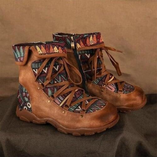 New Ladies 2020 Flat-Bottomed Bohemian Clan Style Flat-Bottom Lace-Up Zipper Ankle Boots