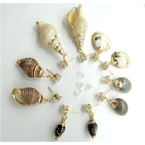 Wholesale Natural Sea Shell charm Pendant Earring Gold Color Plated Shell Drop Stud Earrings for diy Jewelry making earring