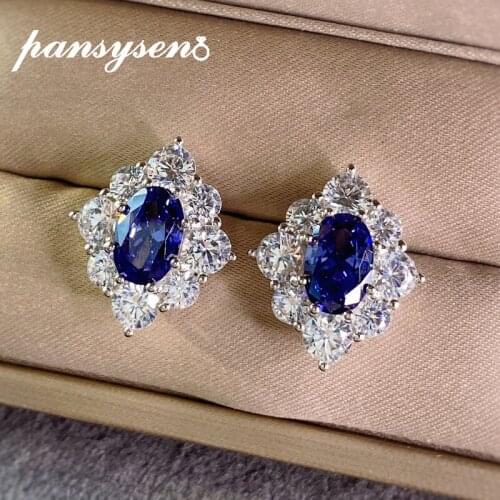 PANSYSEN New Arrival 100% 925 Sterling Silver Created Moissanite Sapphire Gemstone Women Stud Earrings Fashion Fine Jewelry Gift