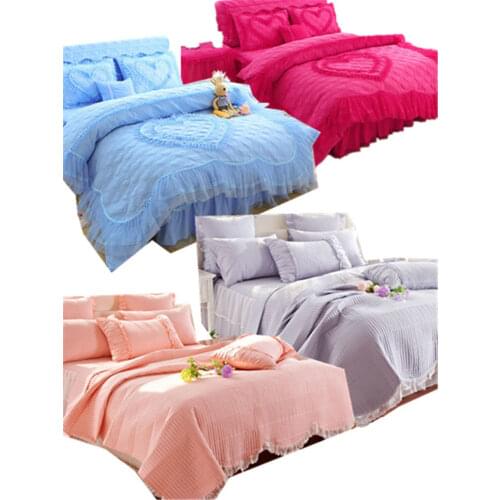 4Pcs Luxury Cotton Lace Throw Blanket Bedspread King/Queen size Pink/Green Princess Girls Bed skirt Bedsheet Pillowcase