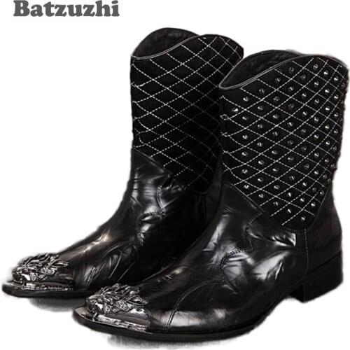 Luxury Mens Leather Boots Pointed Iron Toe Dress Short Boots Mid-Calf Rievts Motocycle BotasFor Man, Size EU38-46