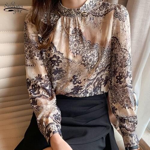 Casual Plus Size Stand Collar Female Shirts New Elegant Floral Blouse Women Long Sleeve Printing Ladies Clothing Blusas 13089