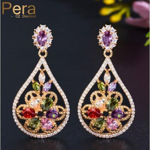 Pera Vintage African Women Big Water Drop Ear Jewelry CZ Multi Colorful Crystal Stone Pave Long Dangle Earrings for Gift E181