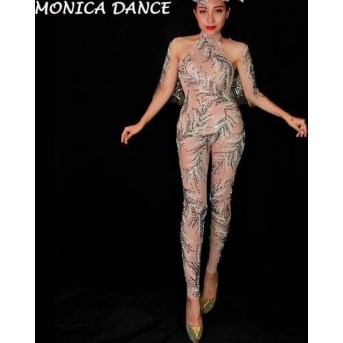 Sexy Rhinestones Pattern See Through Jumpsuit One-Piece Outfit Female Singer Bodysuit Bar Nightclub Party Sexy Mesh Jumpsuit