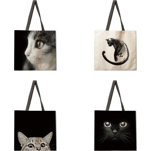 Foldable shopping bag black cat handbag lady shoulder bag lady leisure handbag outdoor beach handbag