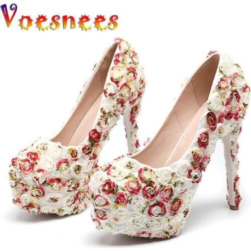 HOT Rose Flower Lace Wedding Shoes High Heel 14CM Platform Bridal Shoes 2021 Princess Pumps Platform Shoes Women Bridal Pumps