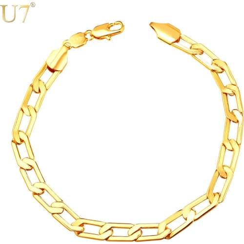 U7 New Gold Color Chain For Men Bracelet Jewelry 21cm Round Lobster Link Chain Bracelets H873